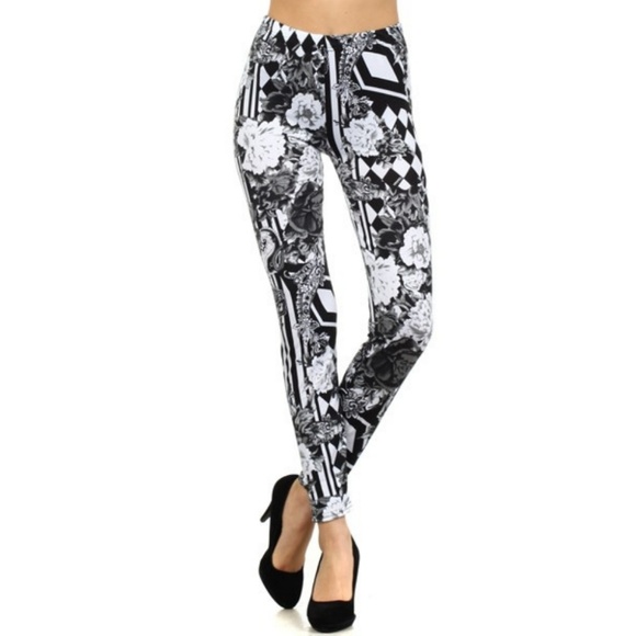 Pants - Women's Flower Overlap Printed Stretchy Leggings